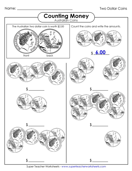 Single Coins (Very Basic Level) - Counting Two Dollar Coins
