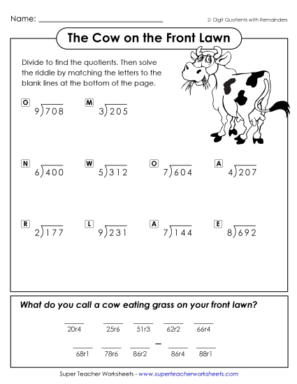 Division - Cow on the Front Lawn (3-Digit Dividends w/ Remainders) Division - Cow on the Front Lawn (3-Digit Dividends w/ Remainders)