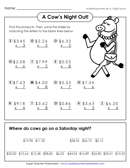 Multiplication - Cow's Night Out (Multiply 3-Dig by 1-Dig Money) Multiplication - Cow's Night Out (Multiply 3-Dig by 1-Dig Money)