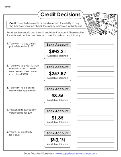 Credit, Debit, and Bank Accounts - Credit Decisions (Printable PDF Worksheet)