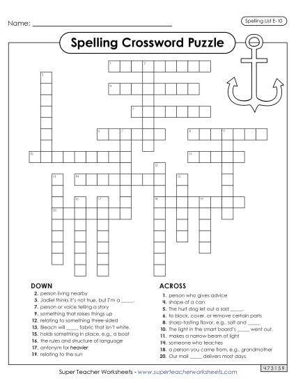 Printable Worksheets - Crossword (E-10) Printable Worksheets - Crossword (E-10)