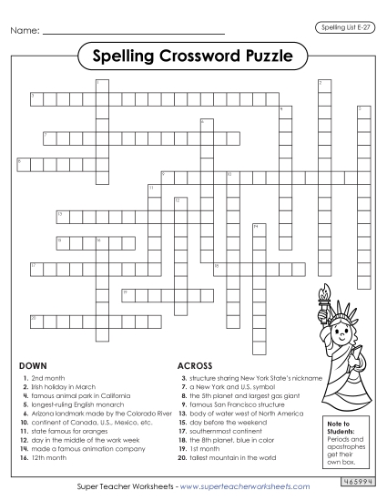 Printable Worksheets - Crossword (E-27) Printable Worksheets - Crossword (E-27)