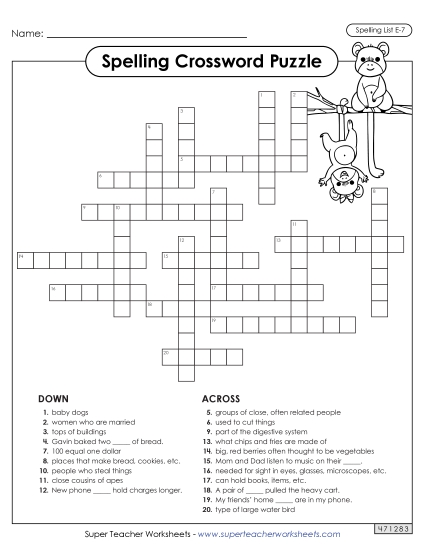 Printable Worksheets - Crossword (E-7) Printable Worksheets - Crossword (E-7)