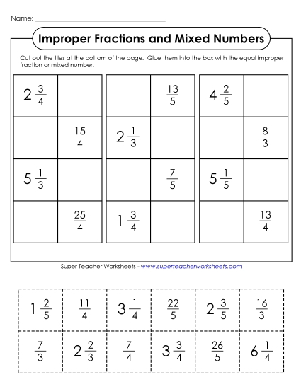 Improper Fractions and Mixed Numbers - Cut-and-Glue #1 Improper Fractions and Mixed Numbers - Cut-and-Glue #1