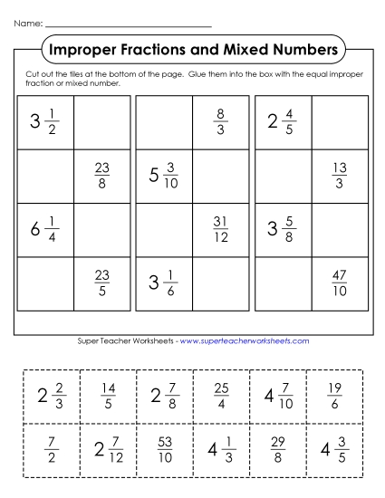 Improper Fractions and Mixed Numbers - Cut-and-Glue #2