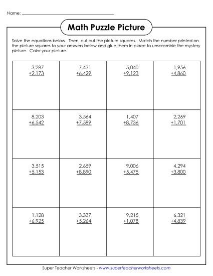 4-Digit Addition - Cut-and-Glue Addition Puzzle: Dinosaur