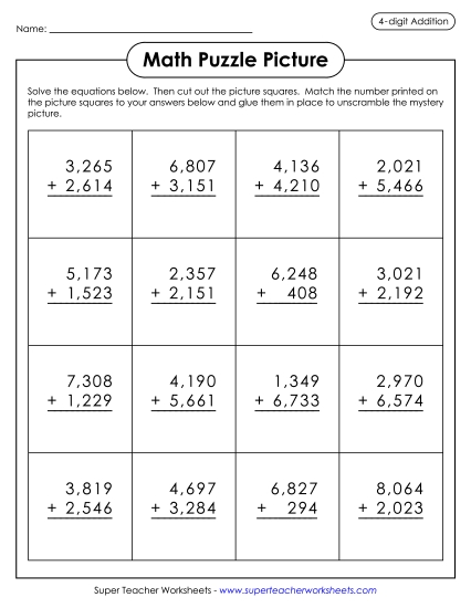 4-Digit Addition - Cut-and-Glue Addition Puzzle: Parrot 4-Digit Addition - Cut-and-Glue Addition Puzzle: Parrot