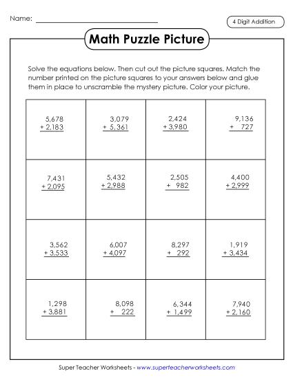4-Digit Addition - Cut-and-Glue Addition Puzzle: Rocket 4-Digit Addition - Cut-and-Glue Addition Puzzle: Rocket