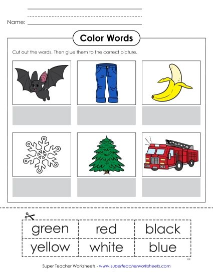 Multiple Colors - Cut & Glue Color Matching: Green, Red, Black, Yellow, White, and Blue (Printable PDF Worksheet)