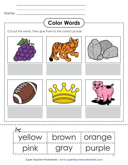 Multiple Colors - Cut & Glue Color Matching: Yellow, Brown, Orange, Pink, Gray, and Purple (Printable PDF Worksheet)