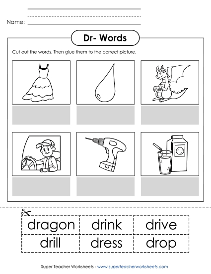 Cut and Glue Activities - Cut and Glue (Dr- Words)