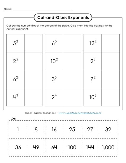 Exponents w/ Whole Numbers as a Base - Cut-and-Glue: Exponents Exponents w/ Whole Numbers as a Base - Cut-and-Glue: Exponents