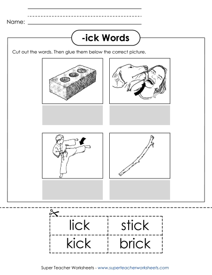 Worksheets - Cut and Glue (-ick)