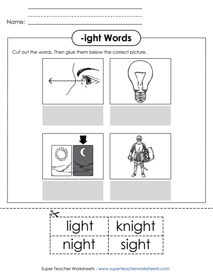 Worksheets - Cut and Glue (-ight)