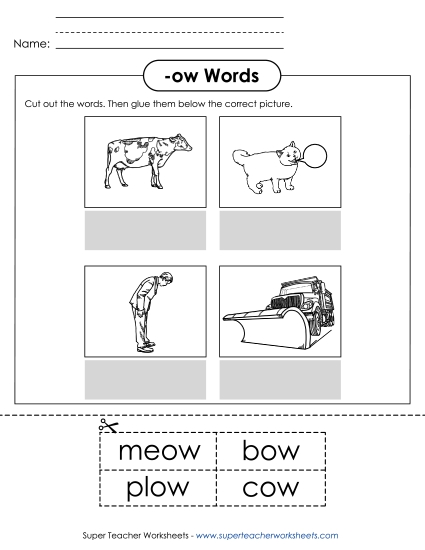 /ow/ Sound (as in Cow) - Cut and Glue (-ow)
