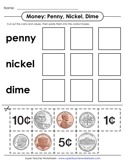 Pennies, Nickels, & Dimes (No Quarters) - Cut and Glue: Pennies, Nickels, Dimes