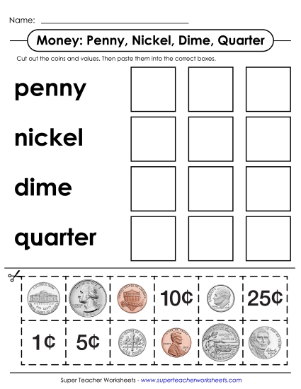 Pennies, Nickels, Dimes, Quarters - Cut and Glue: Pennies, Nickels, Dimes, Quarters