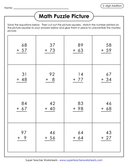 Worksheets (2-Digit Addends) - Cut-and-Glue Puzzle: Rocket Ship
