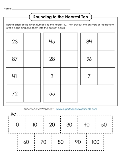 Nearest Ten 2-Digit Numbers - Cut-and-Glue: Rounding to Nearest 10