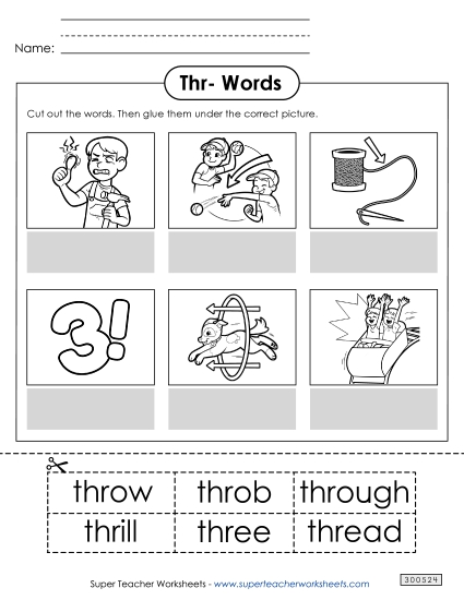 Worksheets - Cut and Glue (Thr- Words) Worksheets - Cut and Glue (Thr- Words)