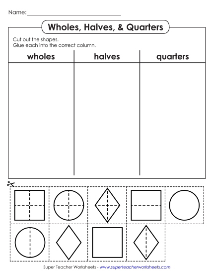 Halves & Quarters (Mixed) - Cut and Glue: Wholes, Halves, and Quarters
