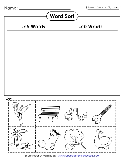 CK and CH Mixed - Cut-and-Glue Word Sort including Ck Words