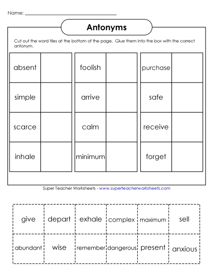 Antonyms - Cut & Glue Antonyms (Intermediate)