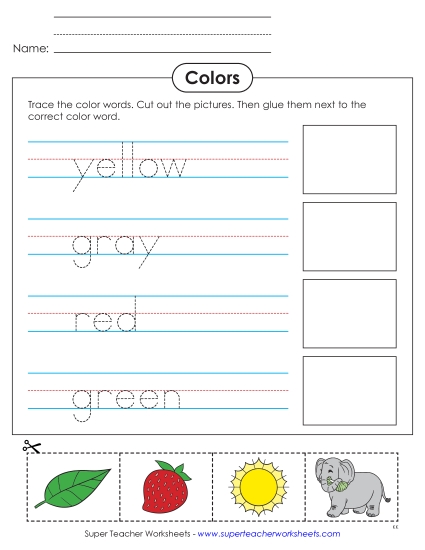 Multiple Colors - Cut, Glue, and Trace: Yellow, Gray, Red, and Green