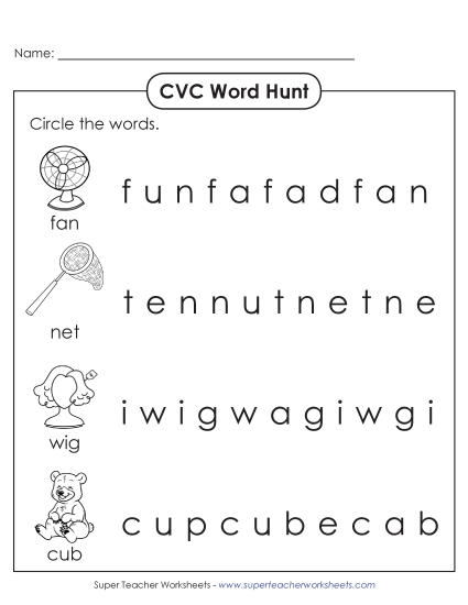 Mixed-Vowel CVC Words - CVC Word Hunt 1 (Printable PDF Worksheet)
