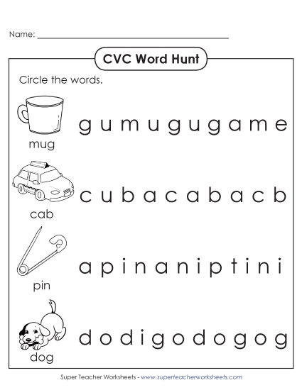 Mixed-Vowel CVC Words - CVC Word Hunt 2 (Printable PDF Worksheet)