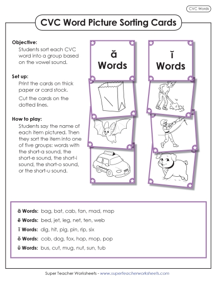 Mixed-Vowel CVC Words - CVC Word Vowel-Sorting Picture Cards (Printable PDF Worksheet)