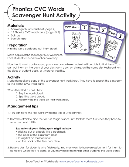 Mixed-Vowel CVC Words - CVC Words Scavenger Hunt (Printable PDF Worksheet)