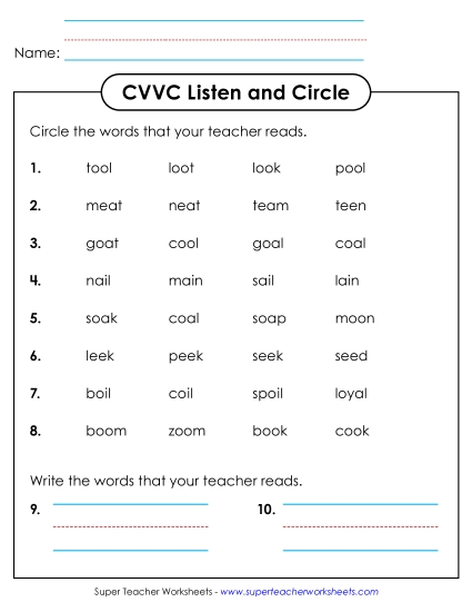 Classroom Games & Activities - CVVC Listen and Circle (Printable PDF Worksheet)