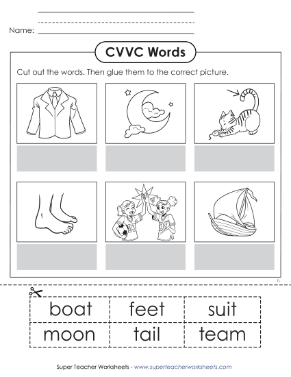 Cut & Paste Activities - CVVC Words Cut & Glue (Printable PDF Worksheet)