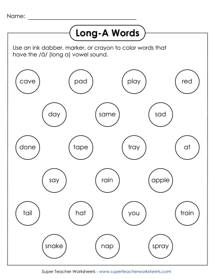 Worksheets - Dabber Activity (Long A Words) Worksheets - Dabber Activity (Long A Words)