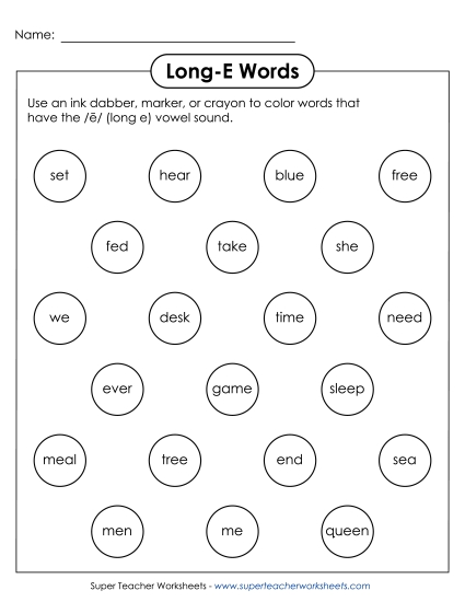 Worksheets - Dabber Activity (Long E Words)