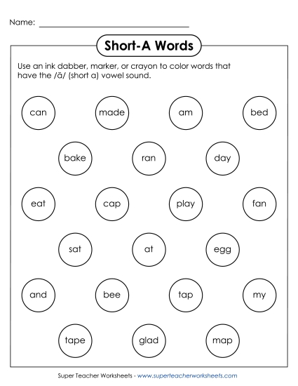 Worksheets - Dabber Activity (Short A Words)