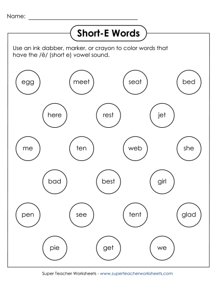 Worksheets - Dabber Activity (Short E)