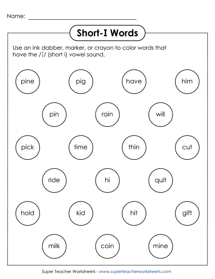 Worksheets - Dabber Activity (Short I Words)