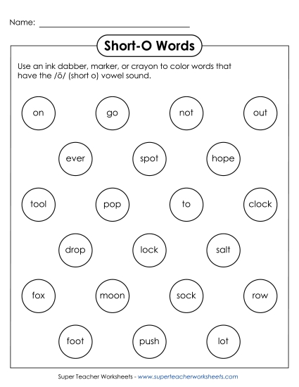 Worksheets - Dabber Activity (Short O Words)
