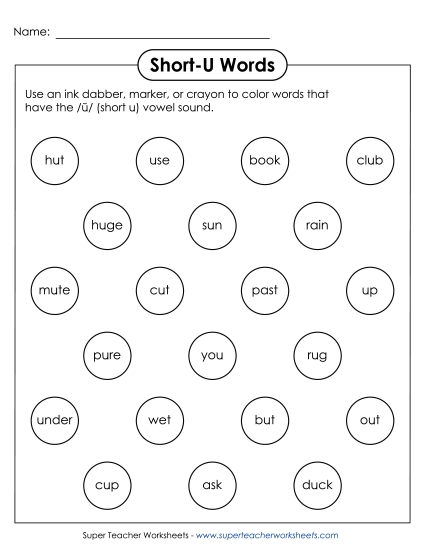 Worksheets - Dabber Activity (Short U Words)