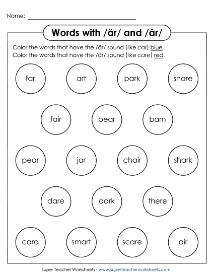 Two Sounds of <i>ar</i> /är/ and /âr/ - Dabber Circles: /är/ and /âr/