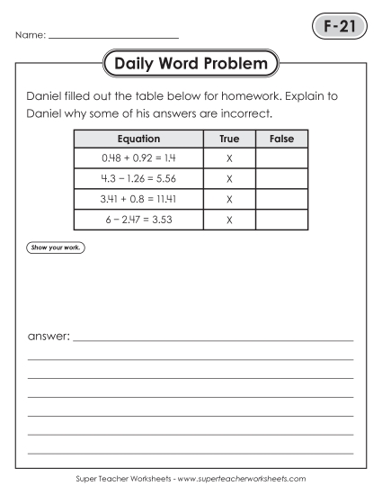 Daily Word Problems<BR>F-21 through F-25 (Printable PDF Worksheet)