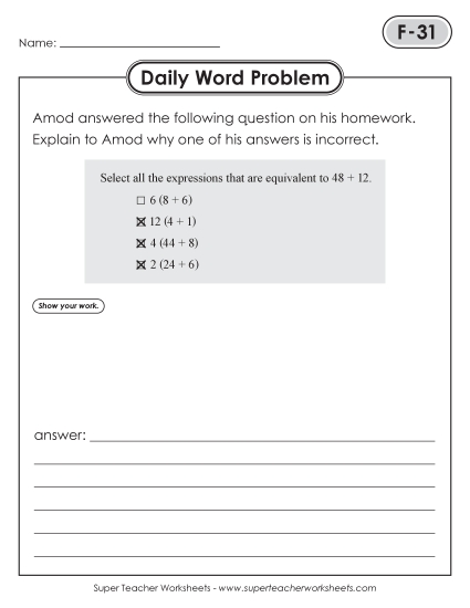 Daily Word Problems<BR>F-31 through F-35 (Printable PDF Worksheet)