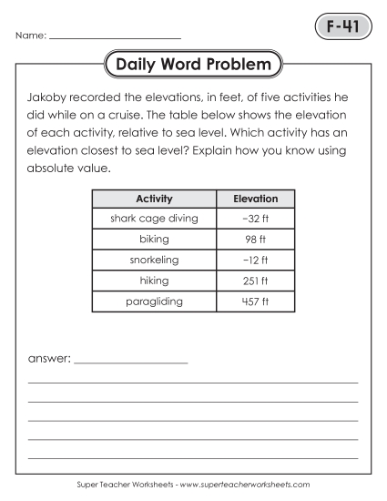 Daily Word Problems<BR>F-41 through F-45 (Printable PDF Worksheet)