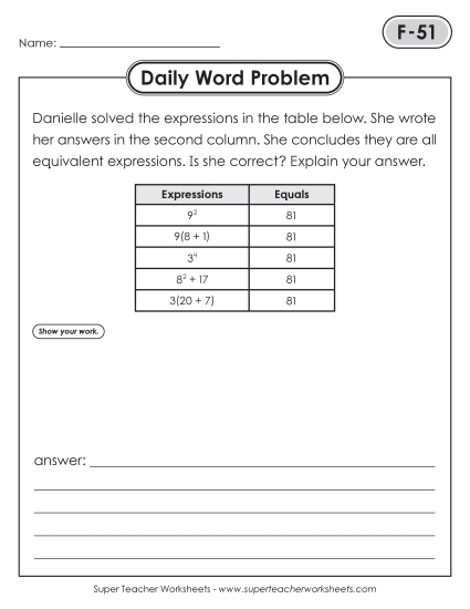 Daily Word Problems<BR>F-51 through F-55 (Printable PDF Worksheet)