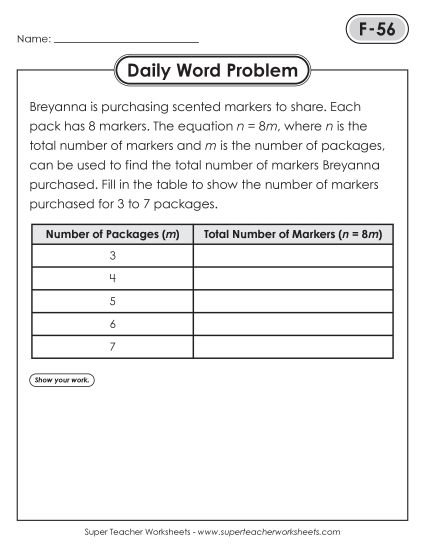 Daily Word Problems<BR>F-56 through F-60 (Printable PDF Worksheet)