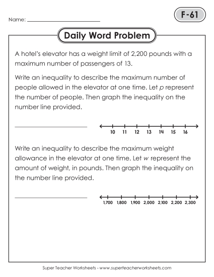 Daily Word Problems<BR>F-61 through F-65 (Printable PDF Worksheet)