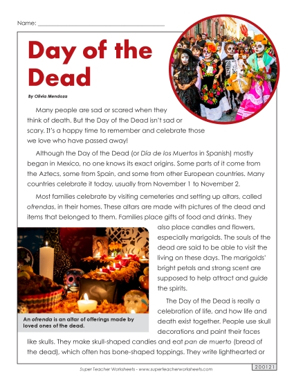 Reading Comprehension - Day of the Dead Article Reading Comprehension - Day of the Dead Article