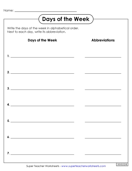 Intermediate ABC Order (Second & Third Letter) - Day of the Week ABC Order & Abbreviations Intermediate ABC Order (Second & Third Letter) - Day of the Week ABC Order & Abbreviations